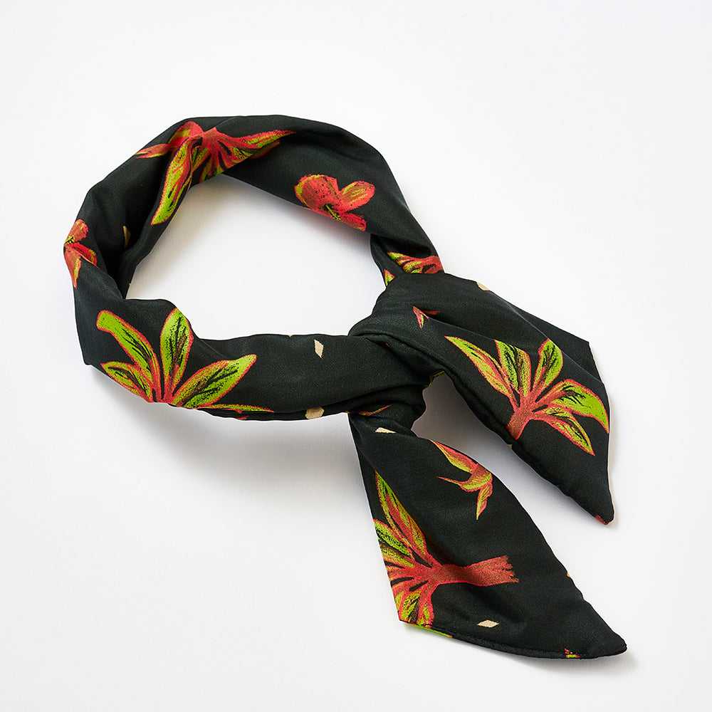 Japanese Printed Silk 'Hibiscus' black ヘッドスカーフ/ミニスカーフ