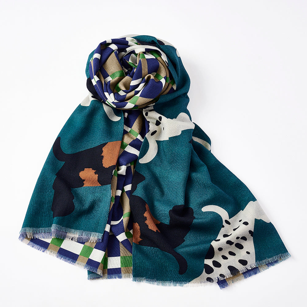 幅広タイプ Superfine Merino Wool 'Scotties' green 二重仕立てのロングストール
