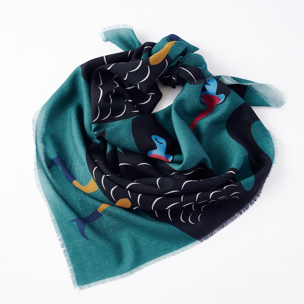 Superfine Merino Wool 'Swan in Boots' bottle green 正方形スカーフ