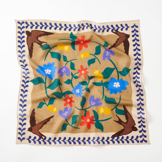 <プリント歪み>Superfine Merino Wool 'Wildflowers' beige ミニスカーフ