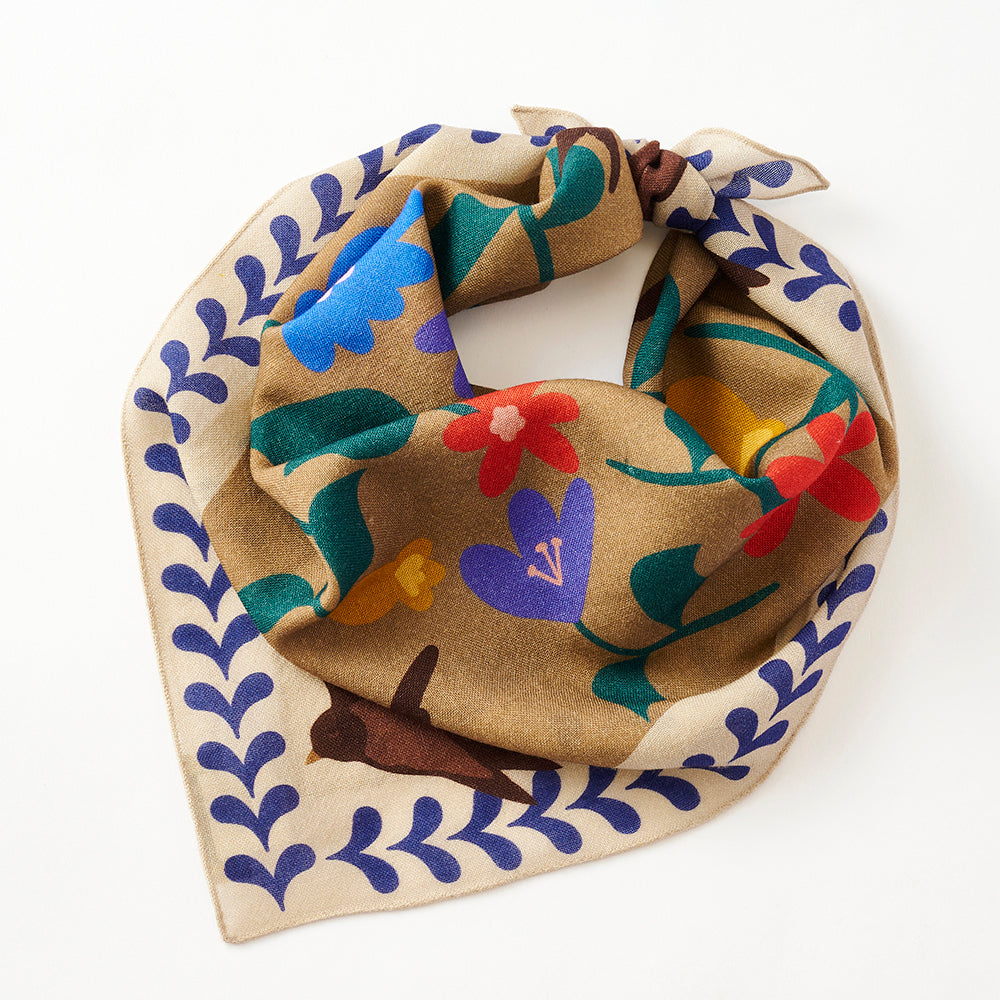 <プリント歪み>Superfine Merino Wool 'Wildflowers' beige ミニスカーフ