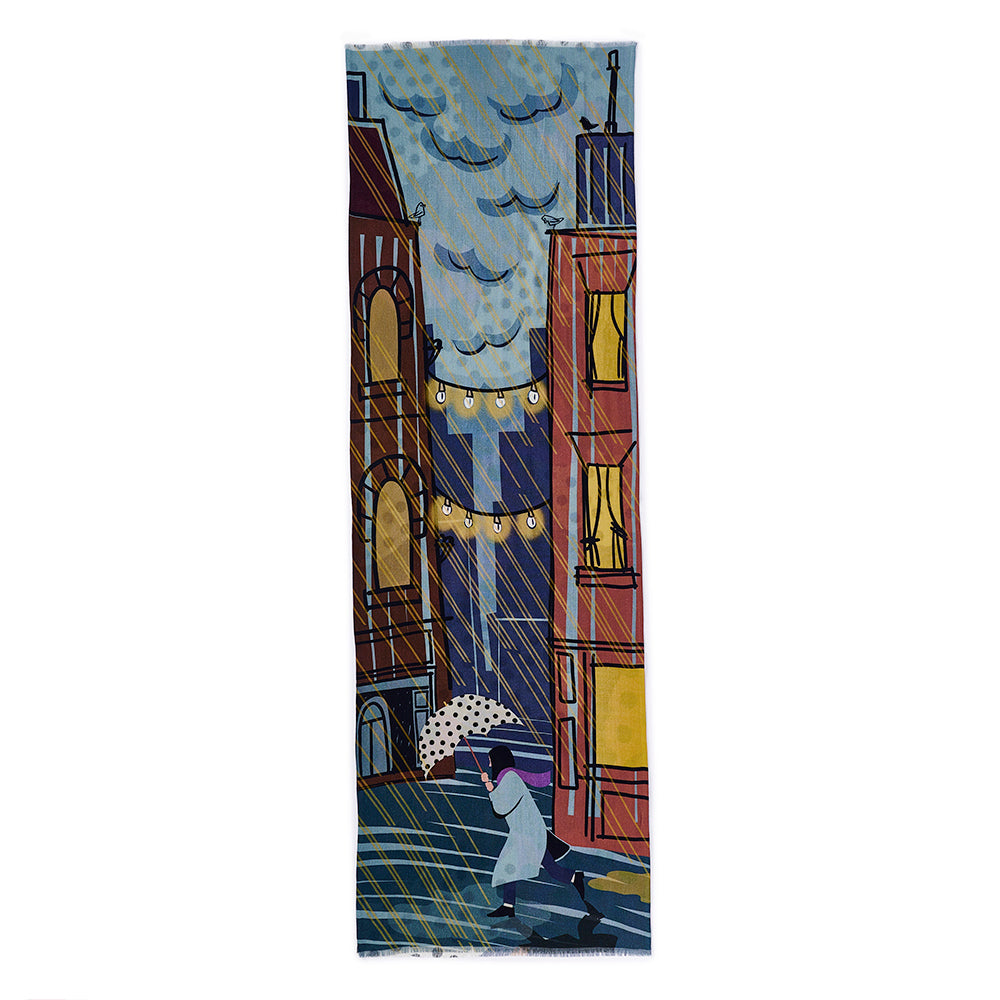 Superfine Merino Wool 'The Girl with a Polka Dot Umbrella' night 二重仕立てのロングストール