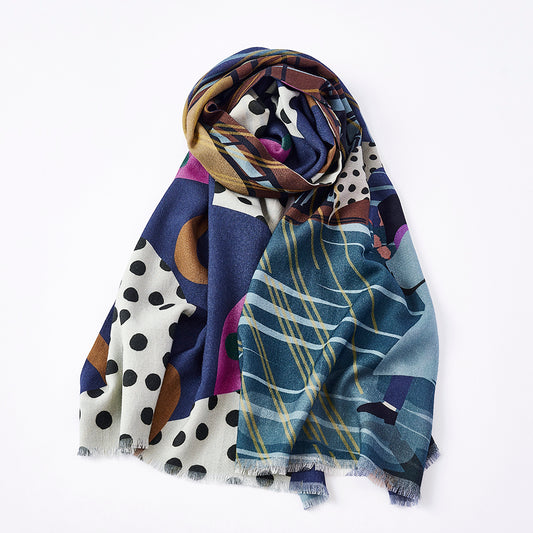 Superfine Merino Wool 'The Girl with a Polka Dot Umbrella' night 二重仕立てのロングストール