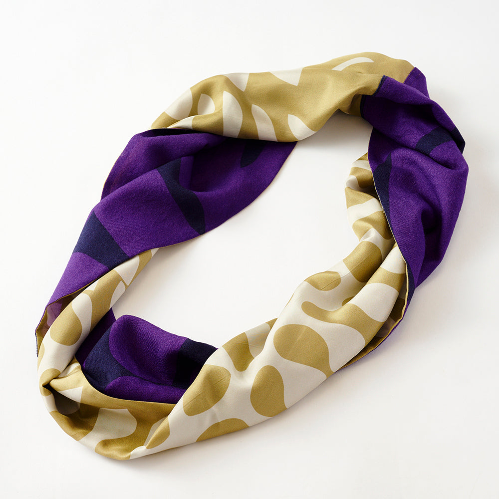 Silk & Merino Wool 'British Fern' beige/purple ループスカーフ