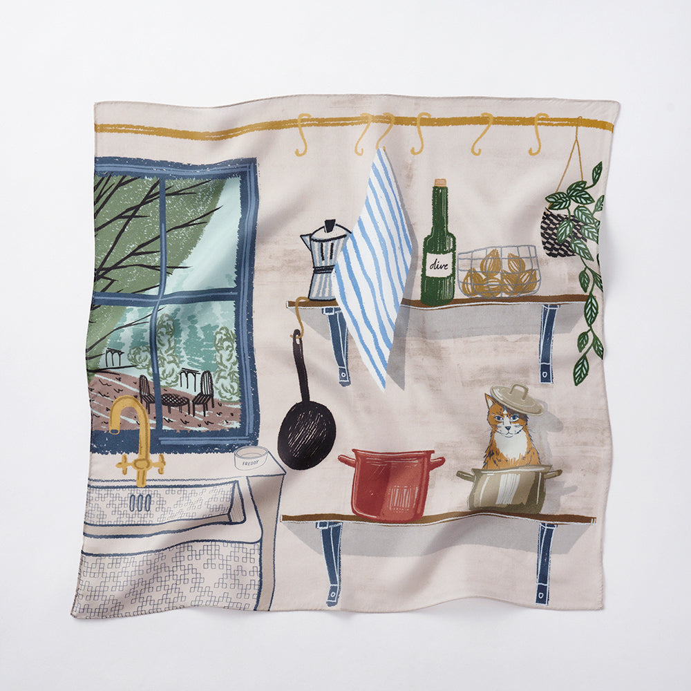 Japanese Printed Silk Mini Scarf 'Where's Freddy? ' スカーフリング付き