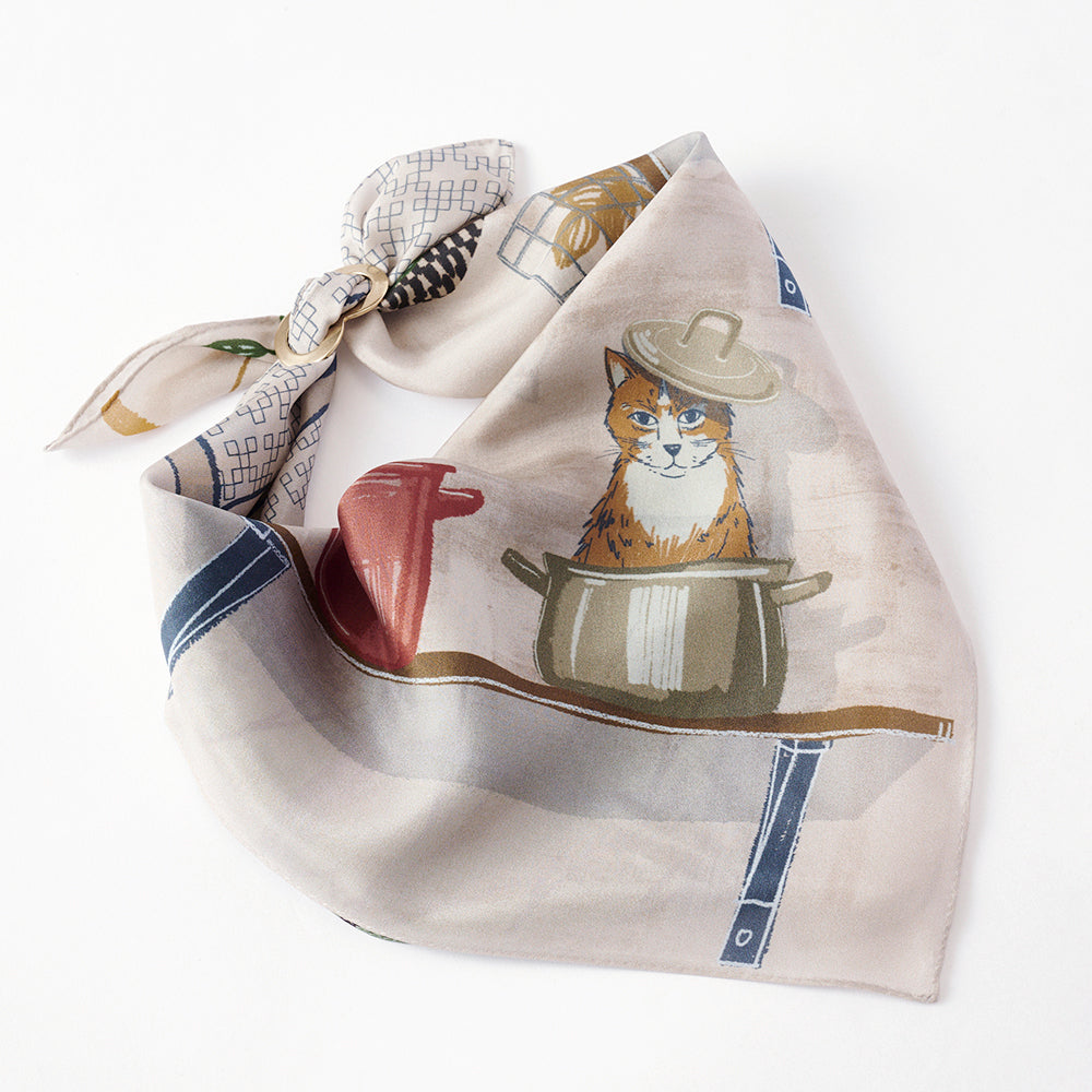 Japanese Printed Silk Mini Scarf 'Where's Freddy? ' スカーフリング付き
