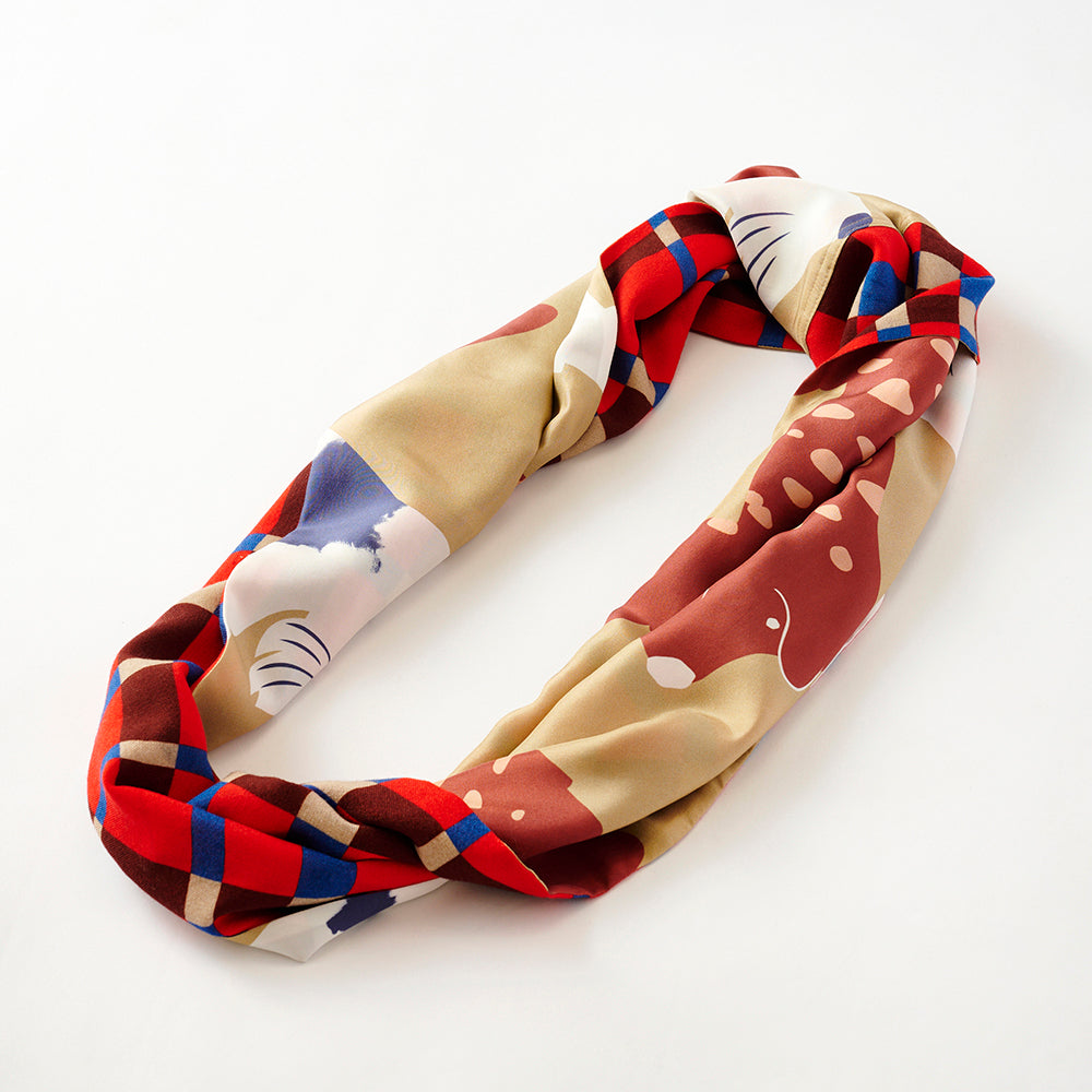 Silk & Merino Wool 'Scotties' camel/red ループスカーフ