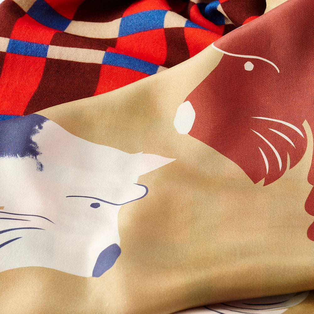 Silk & Merino Wool 'Scotties' camel/red ループスカーフ