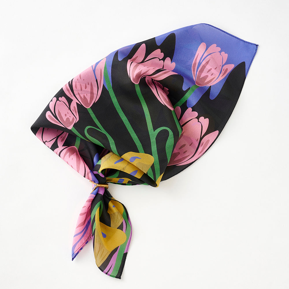 Silk 'Tulips' black スカーフリング付きミニスカーフ
