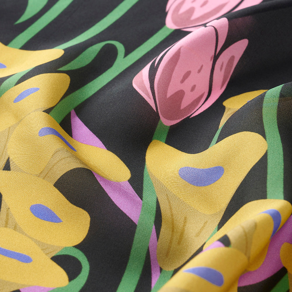 Silk 'Tulips' black スカーフリング付きミニスカーフ