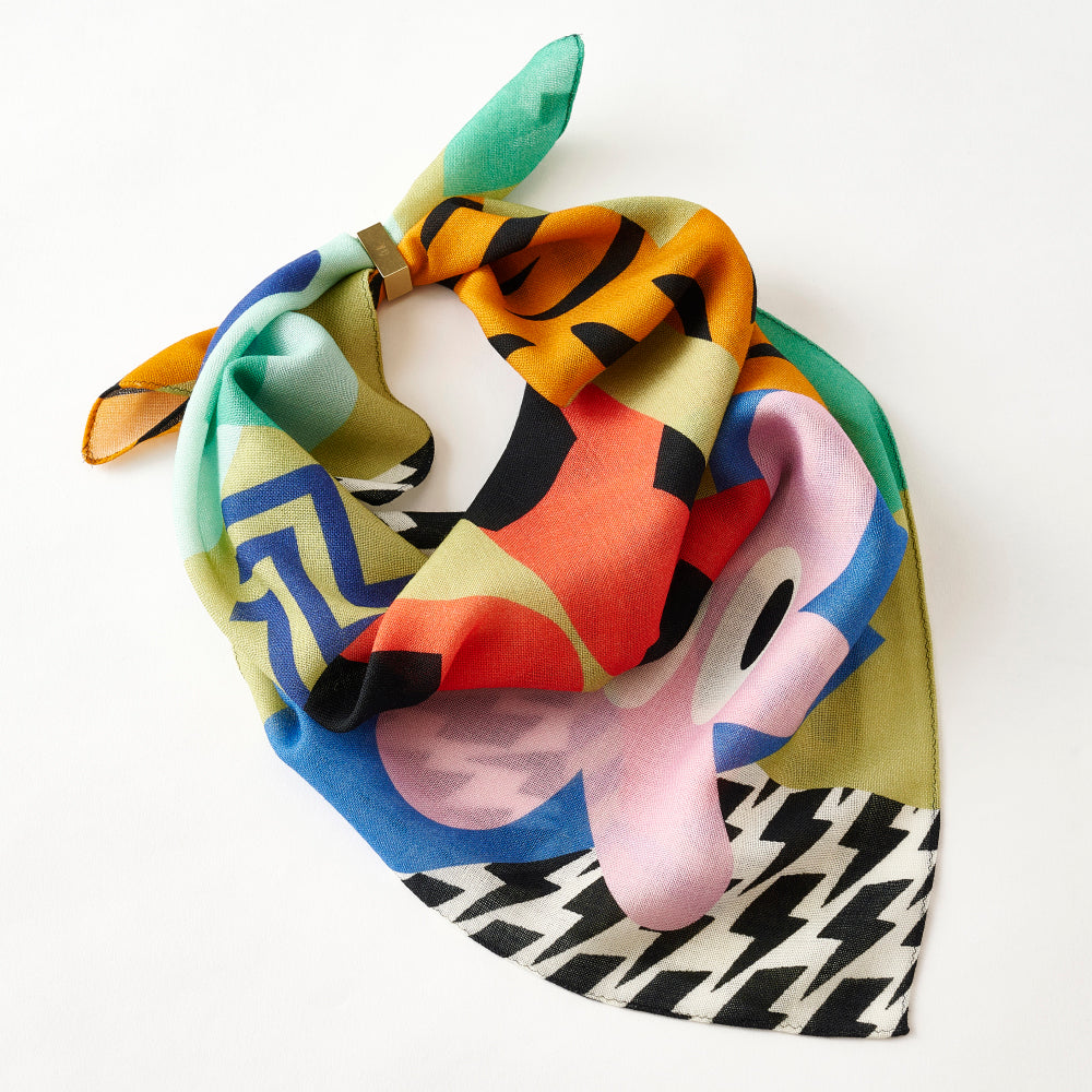 Japanese Printed Silk 'Polka Dot Queen' navy mini scarf with wave ring