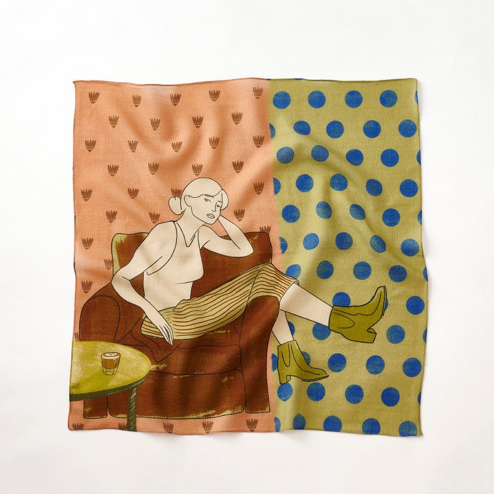 Japanese Printed Silk 'Polka Dot Queen' navy mini scarf with wave ring