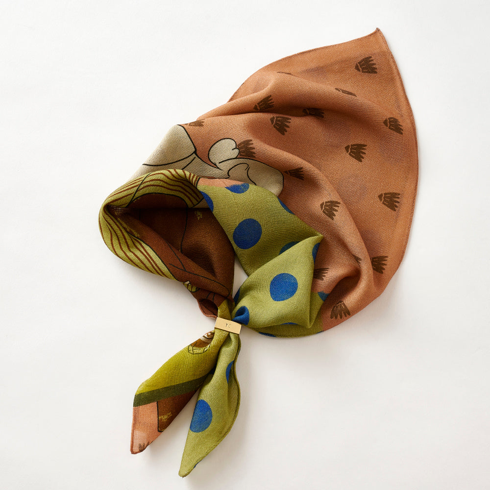 Japanese Printed Silk 'Polka Dot Queen' navy mini scarf with wave ring