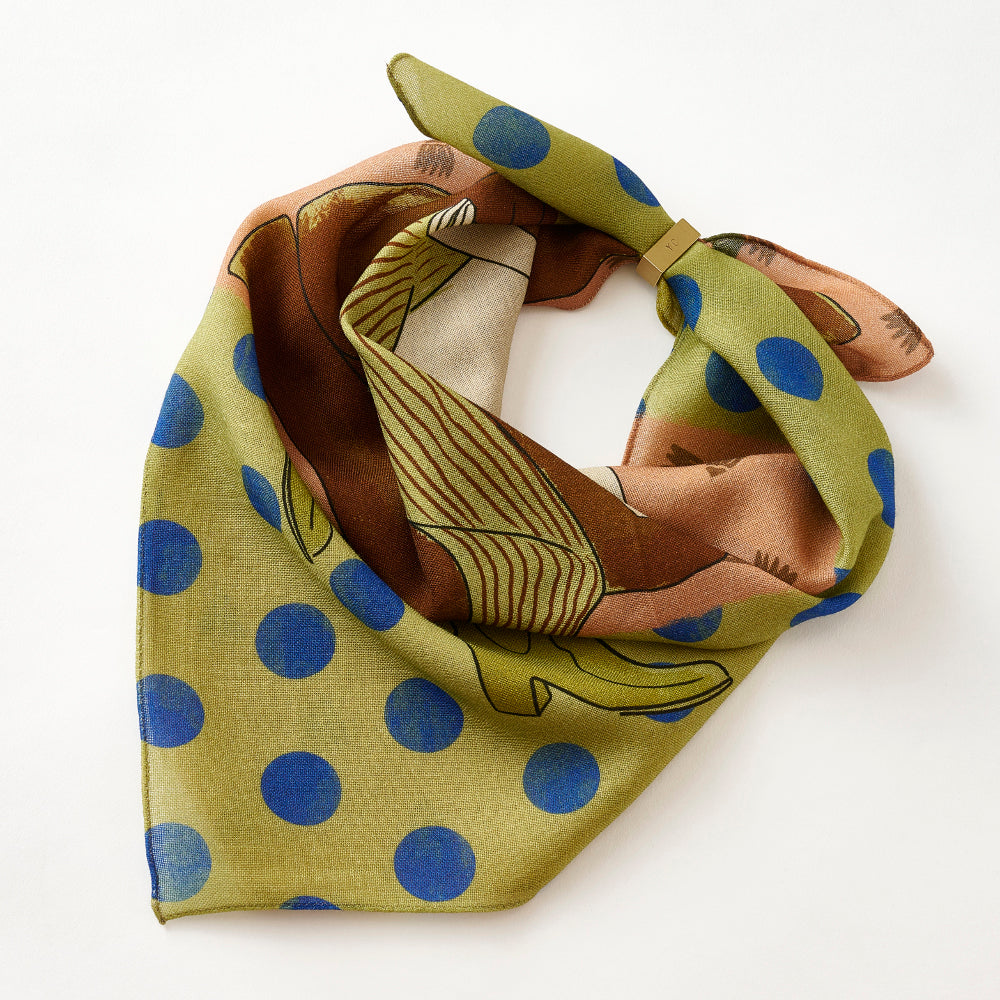 Japanese Printed Silk 'Polka Dot Queen' navy mini scarf with wave ring