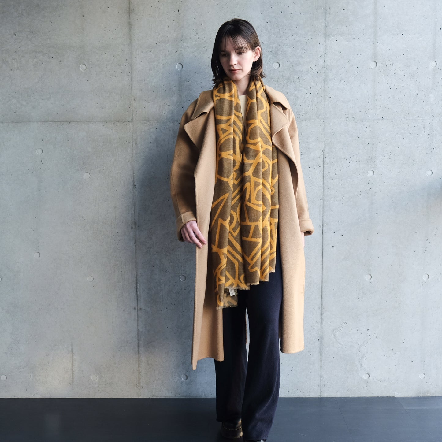 Soft wool twill 'Montreal' brown x yellow ロングストール