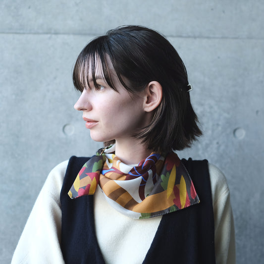 Japanese Printed Silk 'Cafe' blue/green mini scarf with ring
