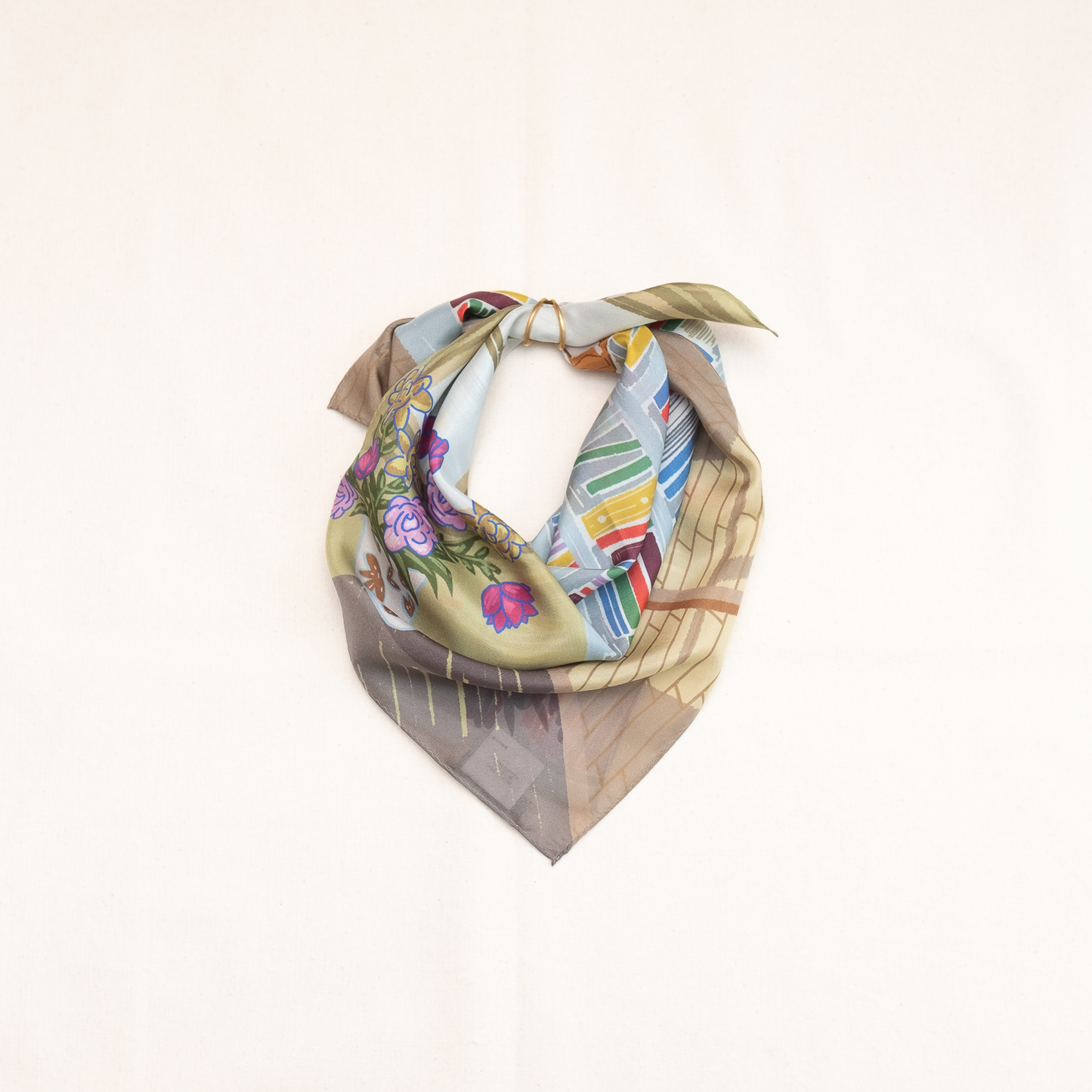 Japanese Printed Silk 'Polka Dot Queen' navy mini scarf with wave ring