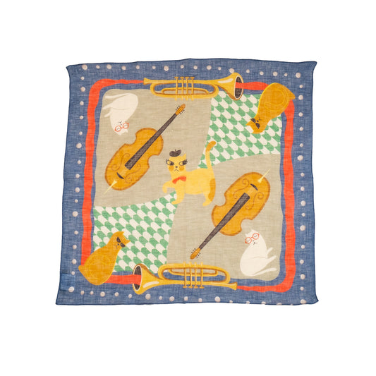 Bグレード 近江のリネン 'Jazz cats' blue ミニスカーフ