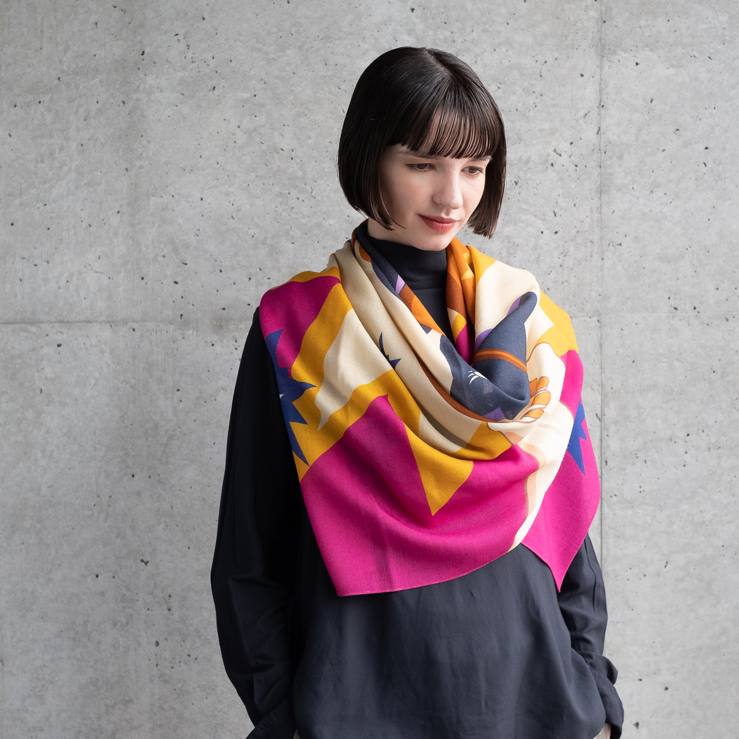 Japanese Merino Wool 'Mysterious Cats' Pink Square Scarf