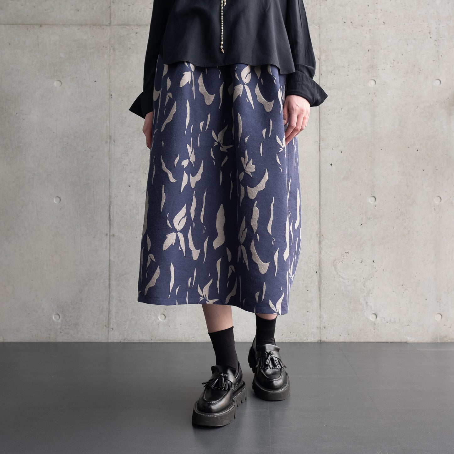 播州織  Wool/Cotton Jacquard Reversible Skirt -Navy&Greige