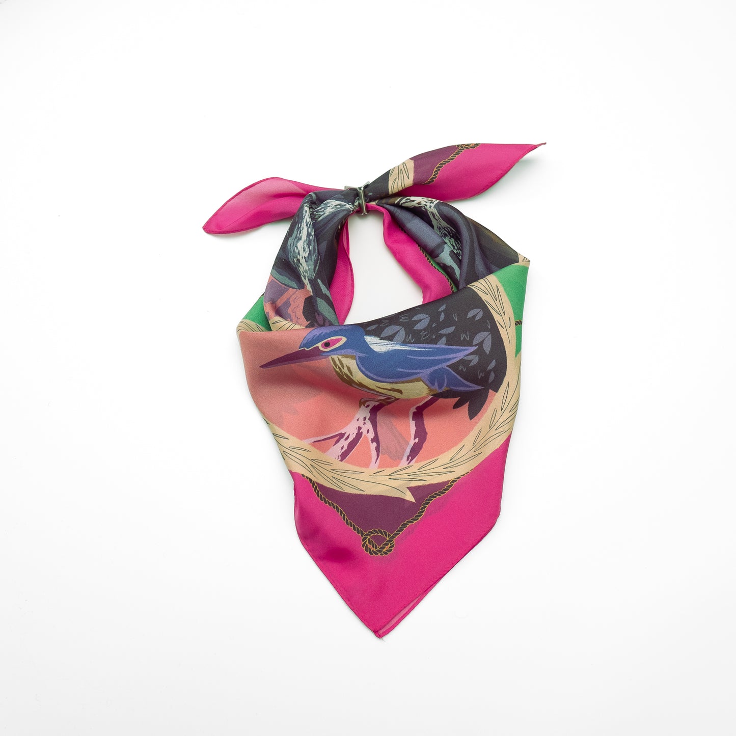 Japanese Printed Silk 'Polka Dot Queen' navy mini scarf with wave ring