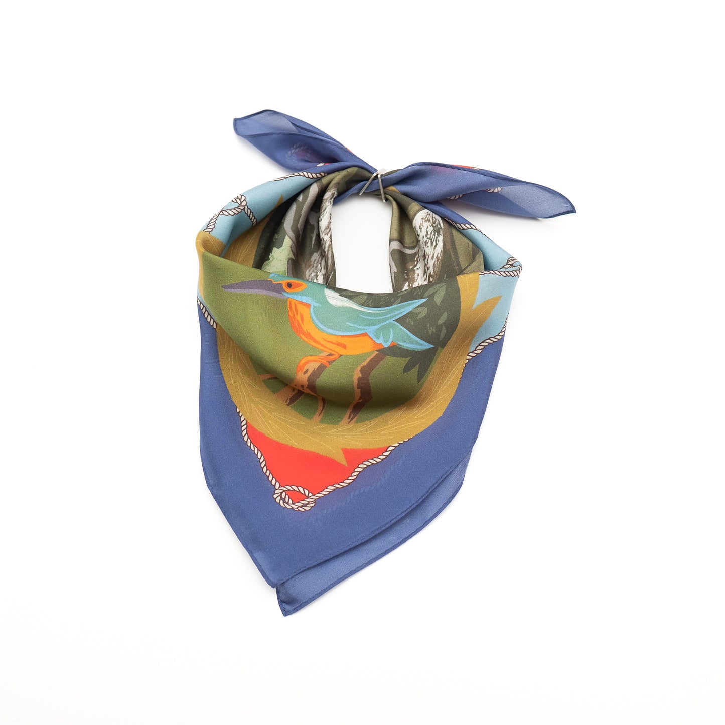 Japanese Printed Silk 'Polka Dot Queen' navy mini scarf with wave ring