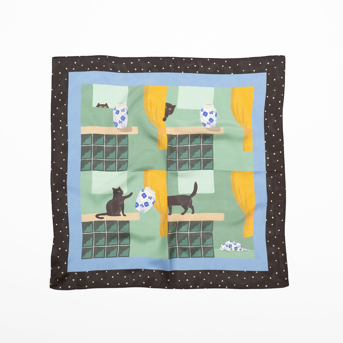 Japanese Printed Silk 'Polka Dot Queen' navy mini scarf with wave ring