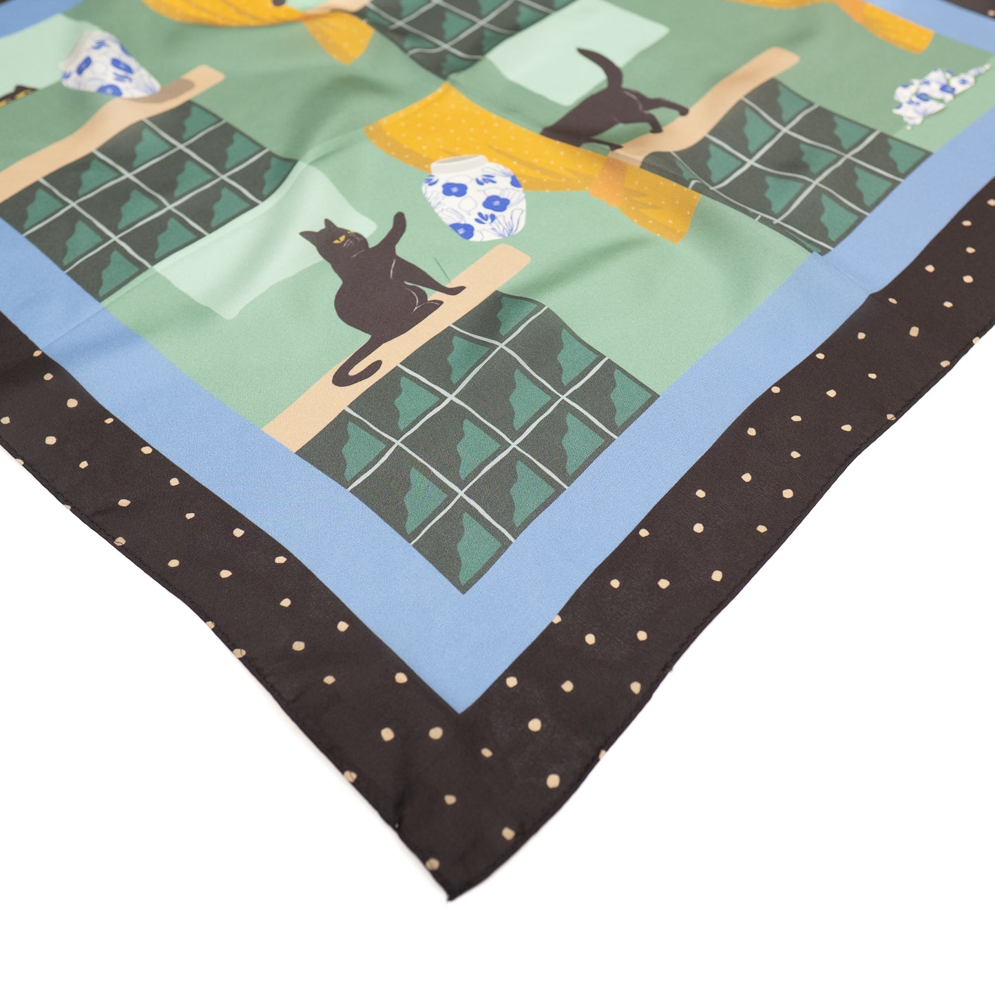 Japanese Printed Silk 'Polka Dot Queen' navy mini scarf with wave ring