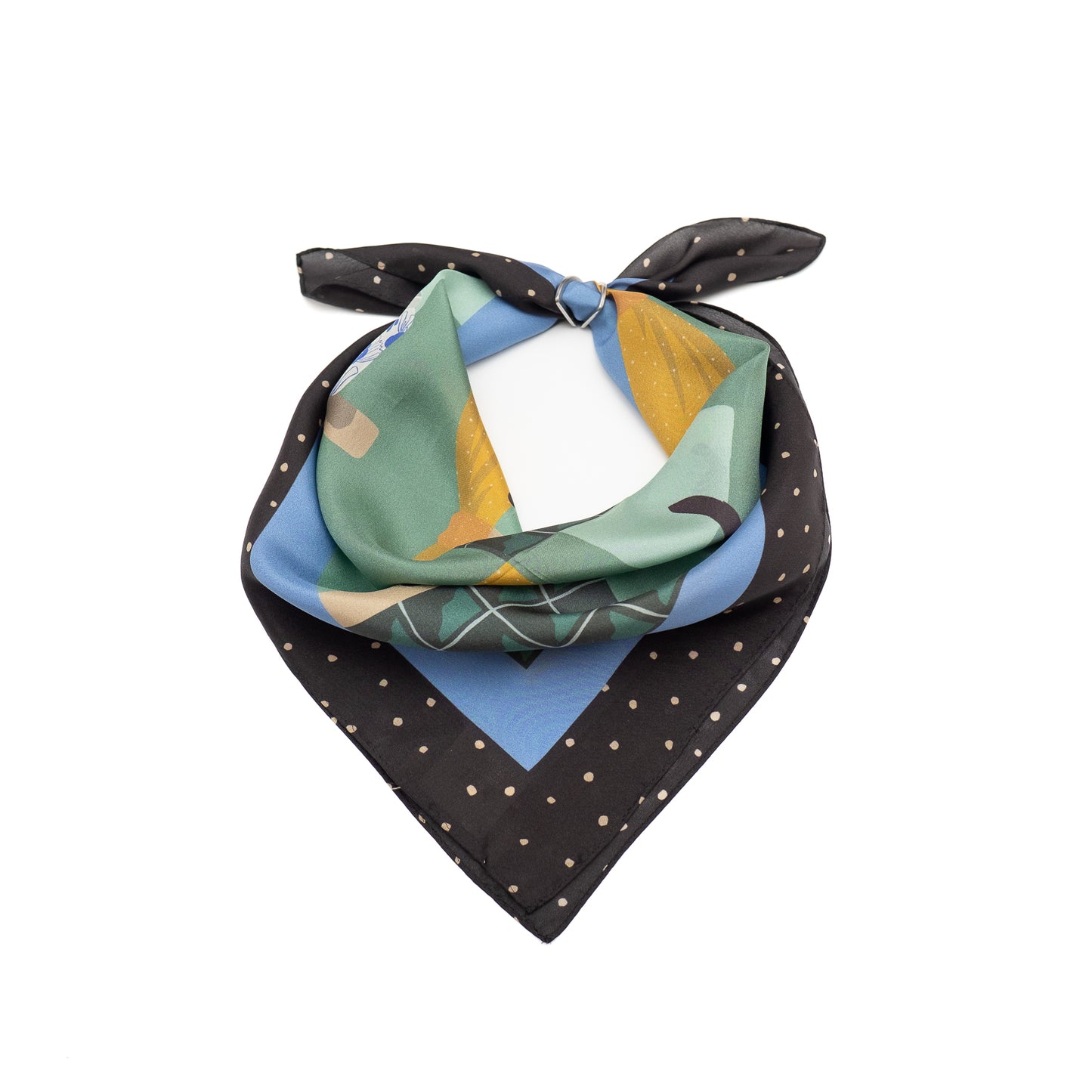 Japanese Printed Silk 'Polka Dot Queen' navy mini scarf with wave ring