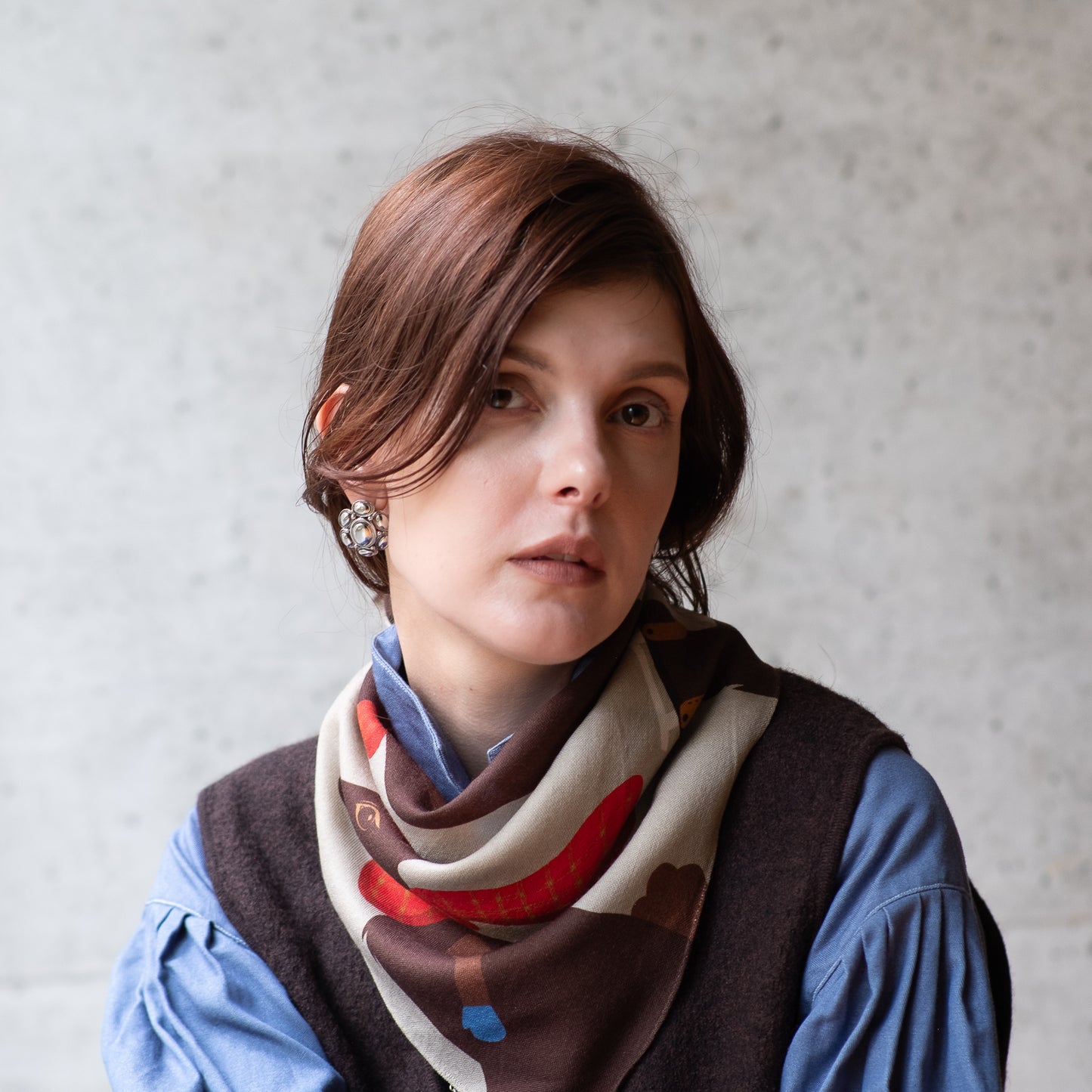Japanese Printed Silk 'Polka Dot Queen' navy mini scarf with wave ring