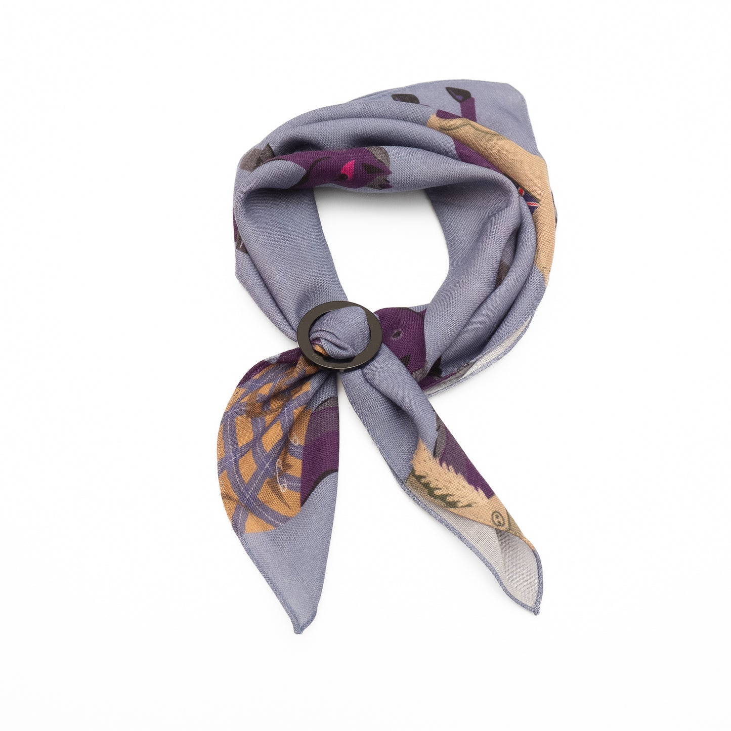 Mini-écharpe bleu marine en soie imprimée japonaise 'Polka Dot Queen' avec anneau vague