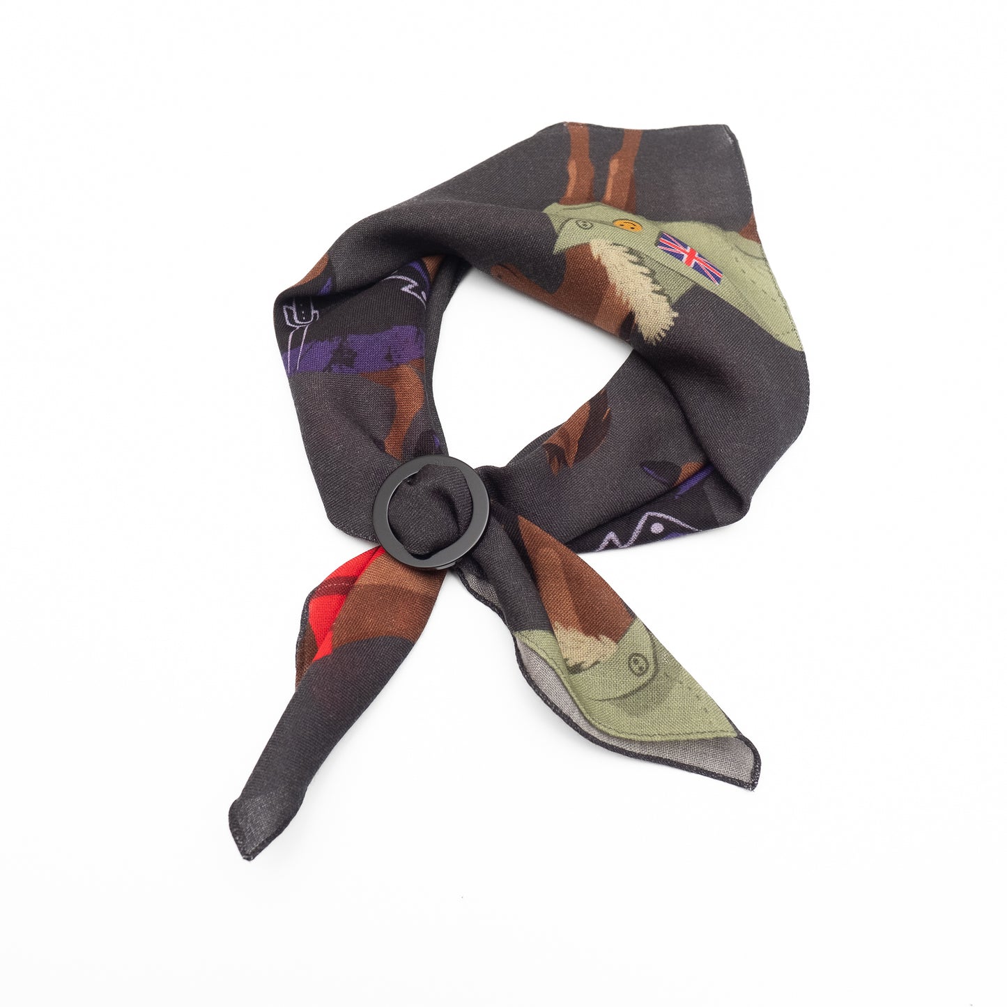 Mini-écharpe bleu marine en soie imprimée japonaise 'Polka Dot Queen' avec anneau vague