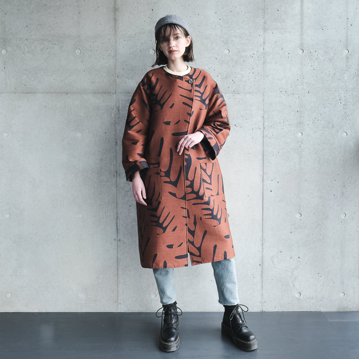 <受注生産:10月中〜末予定>播州織 Wool/Cotton コクーンコート- brown/d.grey