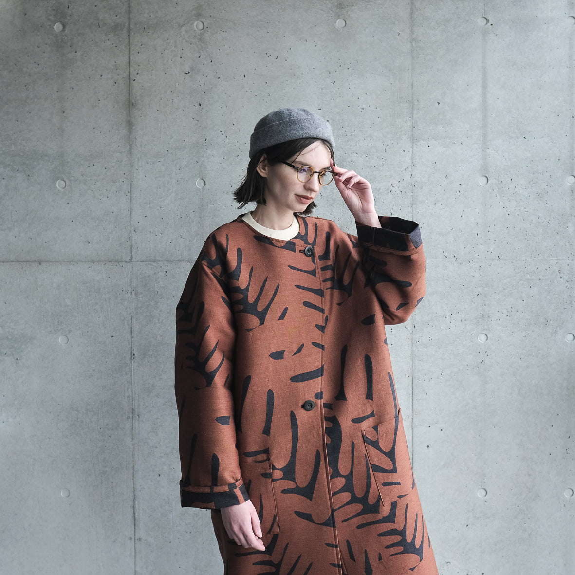 播州織 Japanese Wool/Cotton ジャガードコクーンコート- brown/d.grey