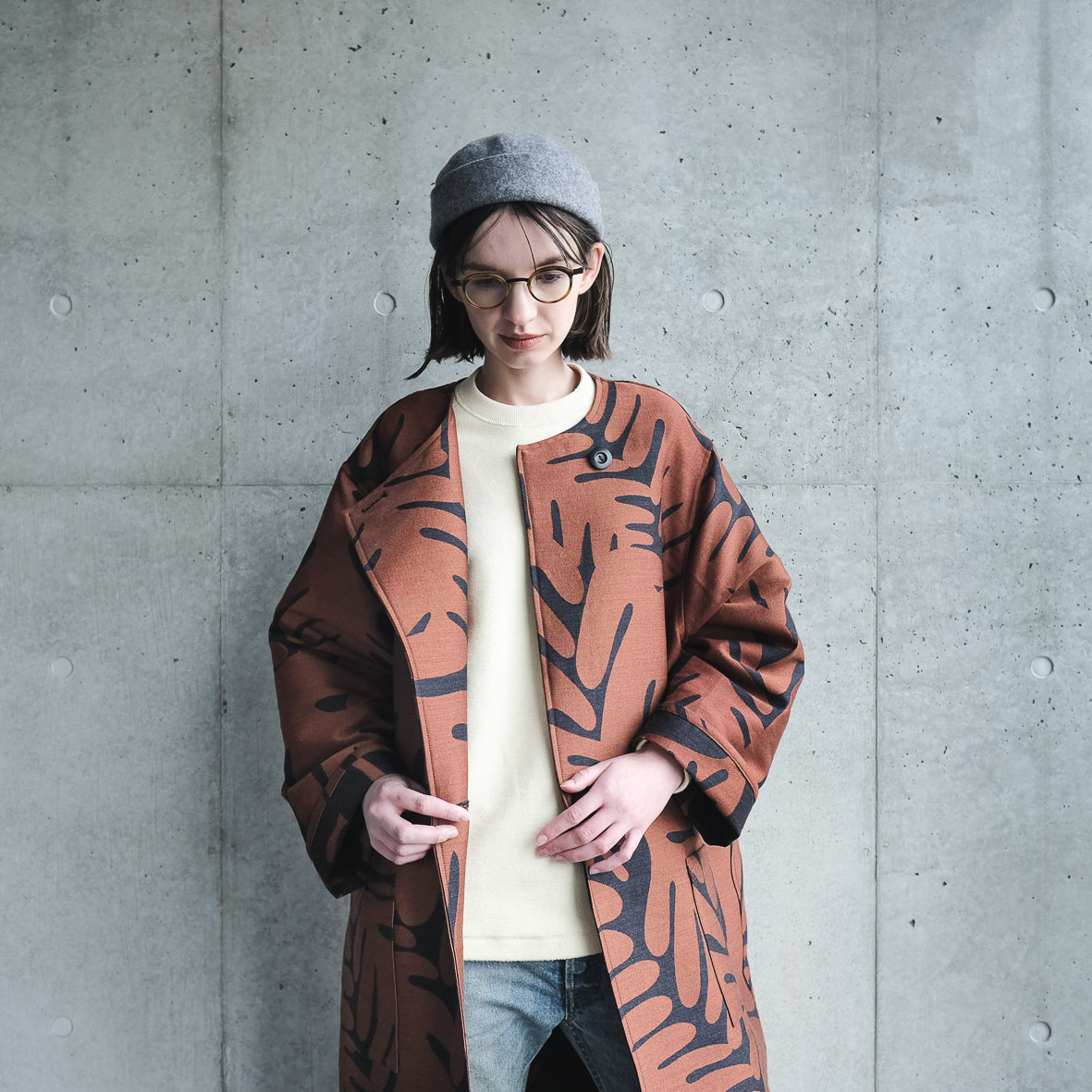 <受注生産:10月中〜末予定>播州織 Wool/Cotton コクーンコート- brown/d.grey