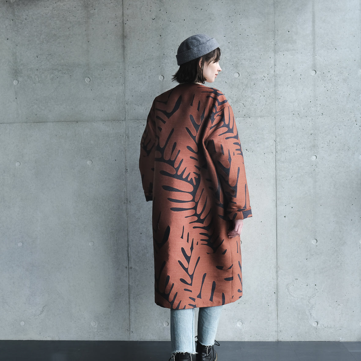 播州織 Japanese Wool/Cotton ジャガードコクーンコート- brown/d.grey