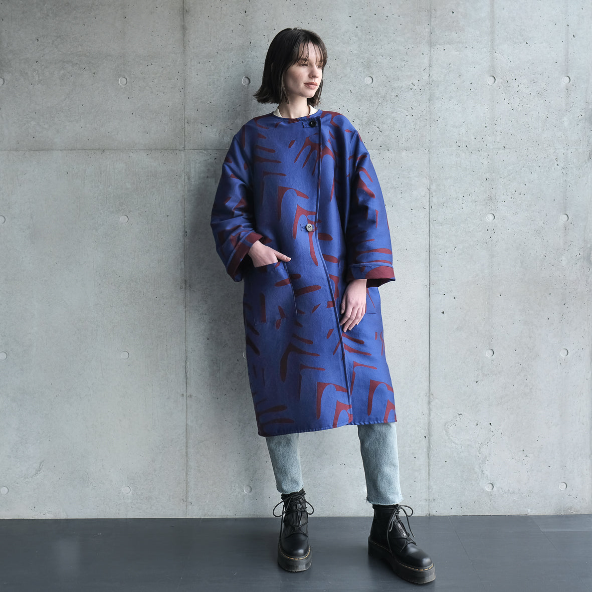 播州織 Japanese Wool/Cotton ジャガードコクーンコート blue/red brown