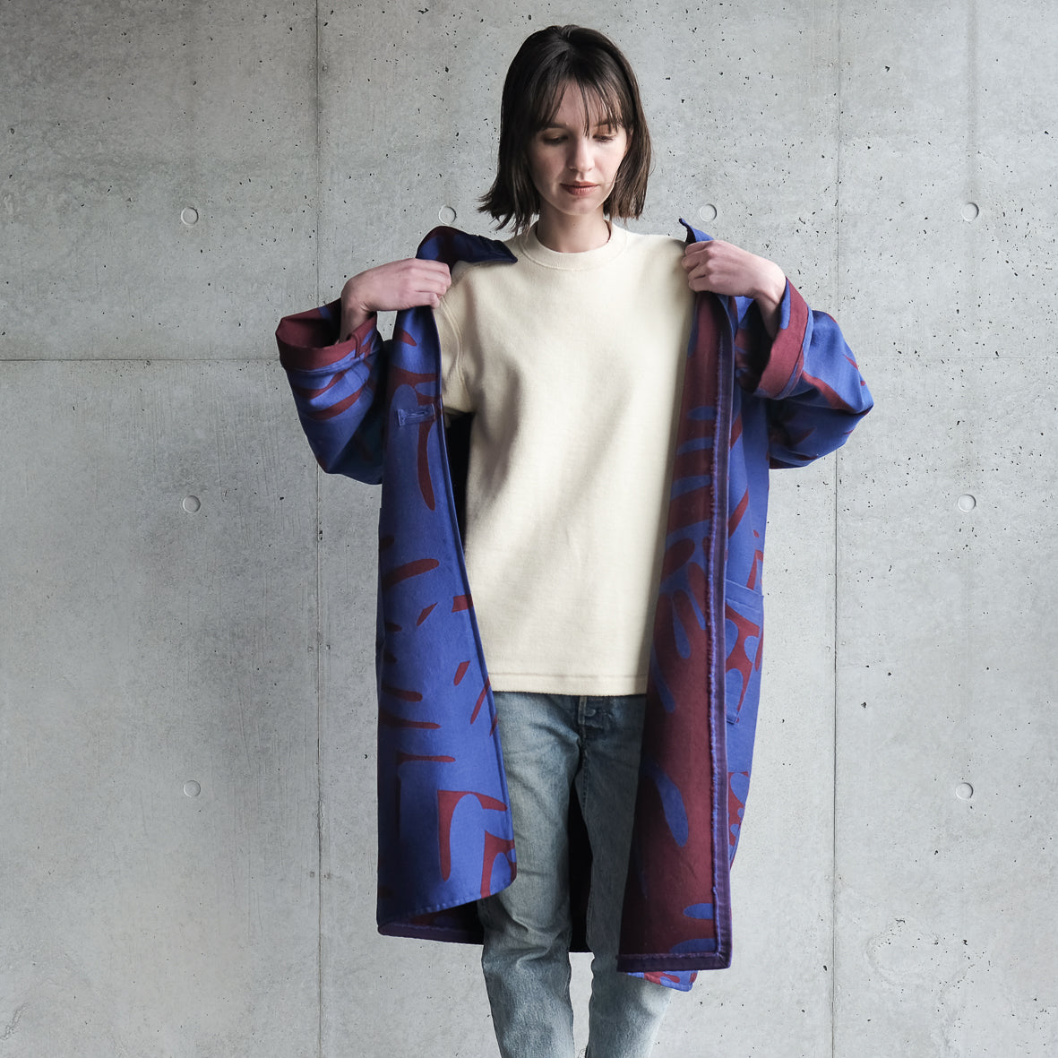 <受注生産:10月中~下予定>播州織  Wool/Cotton ジャガードコクーンコート blue/red brown