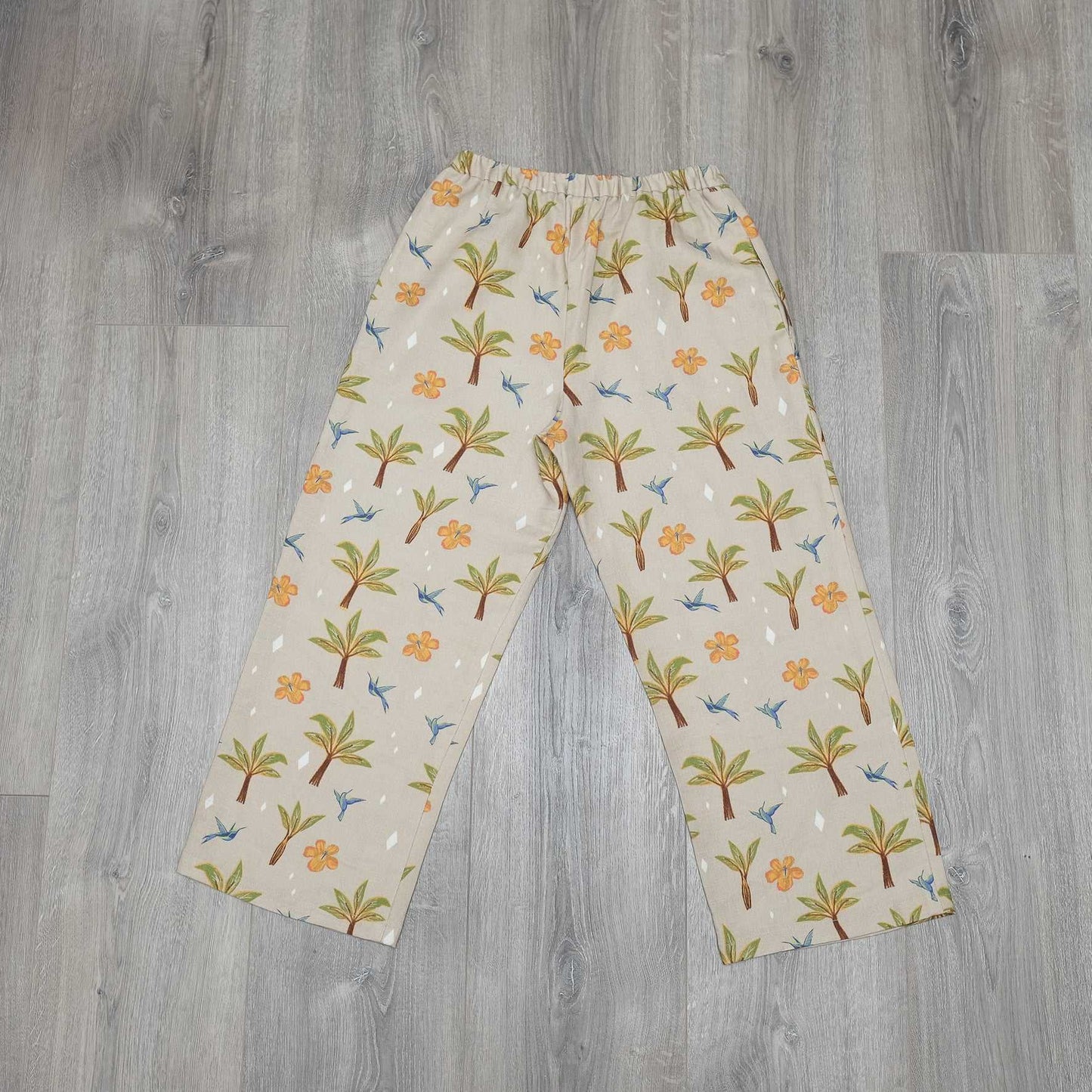 Japanese Printed Linen イージーパンツ 'Hibiscus' beige | YARN &COPPER