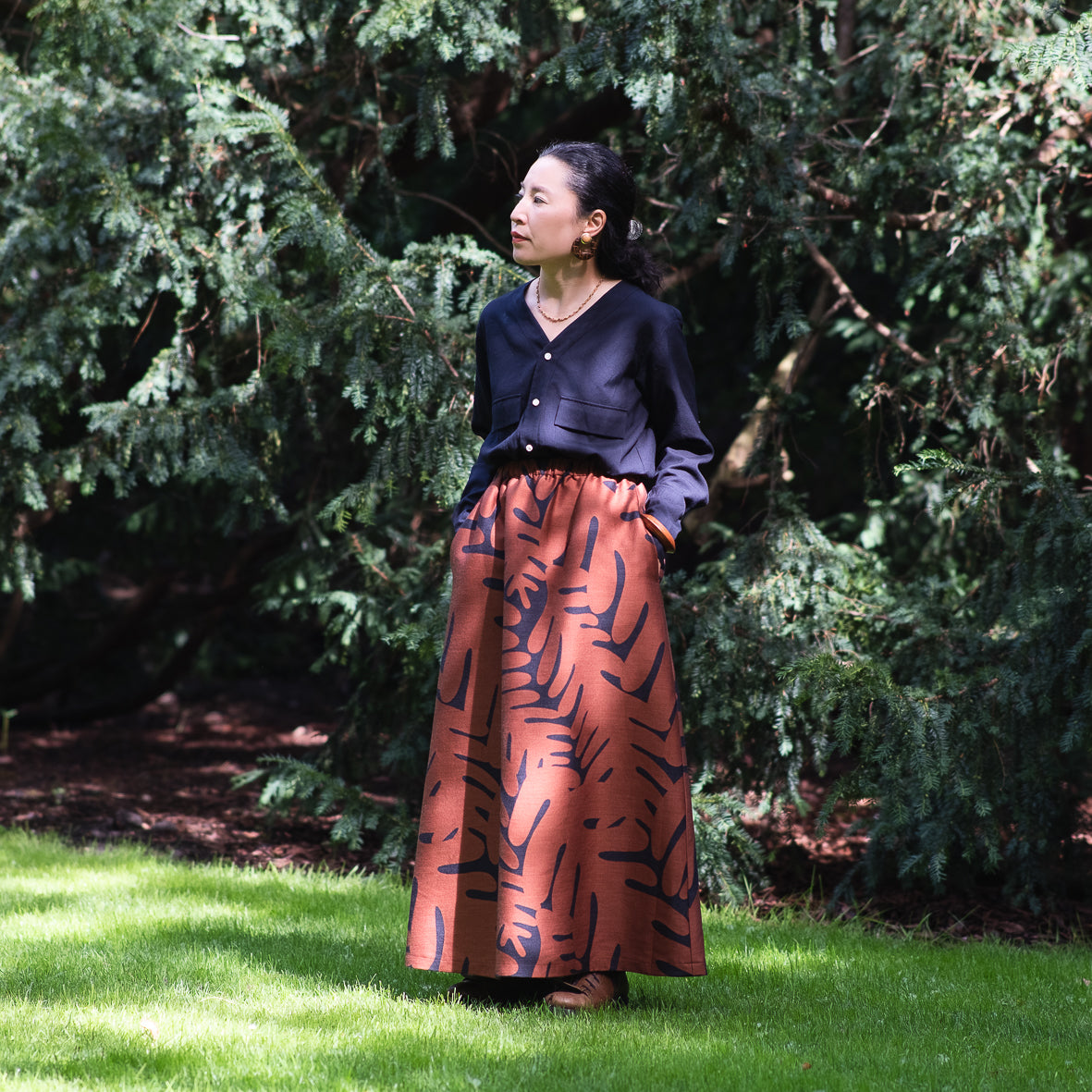 播州織  Wool/Cotton Jacquard Long Skirt - brown/dark grey