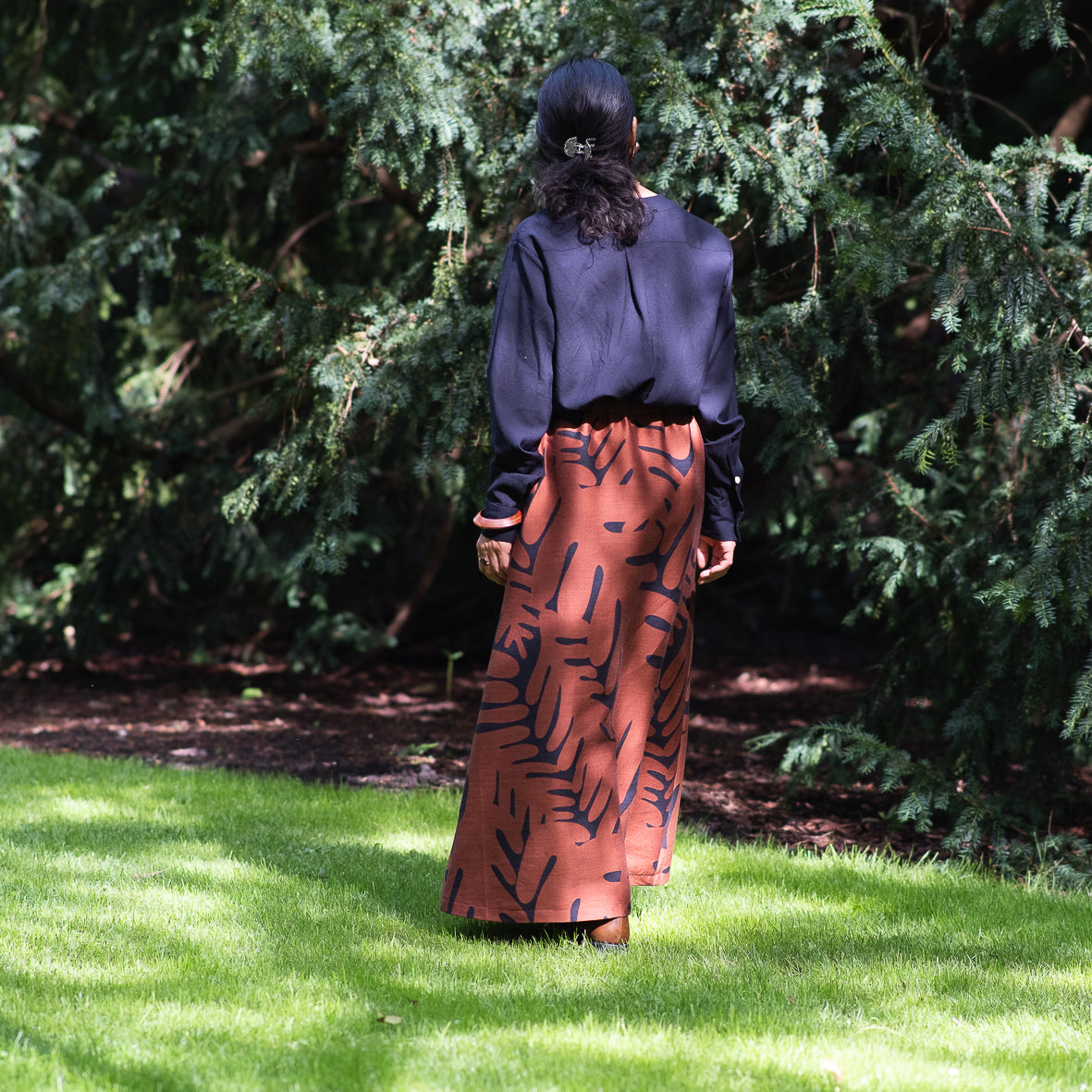 播州織  Wool/Cotton Jacquard Long Skirt - brown/dark grey