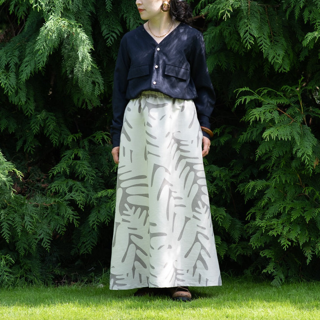 播州織 Wool/Cotton Jacquard Long Skirt - cream/grey