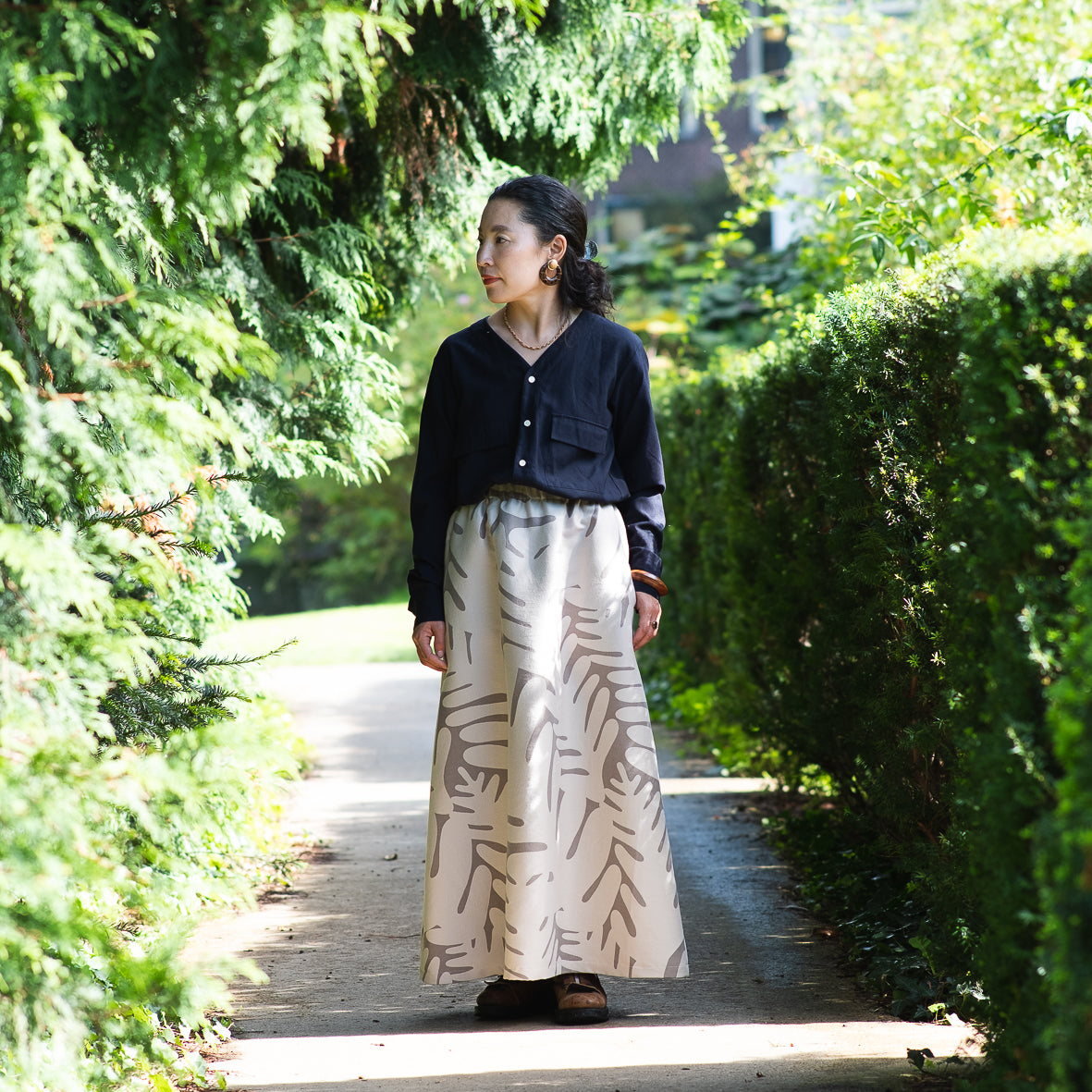 播州織 Wool/Cotton Jacquard Long Skirt - cream/grey