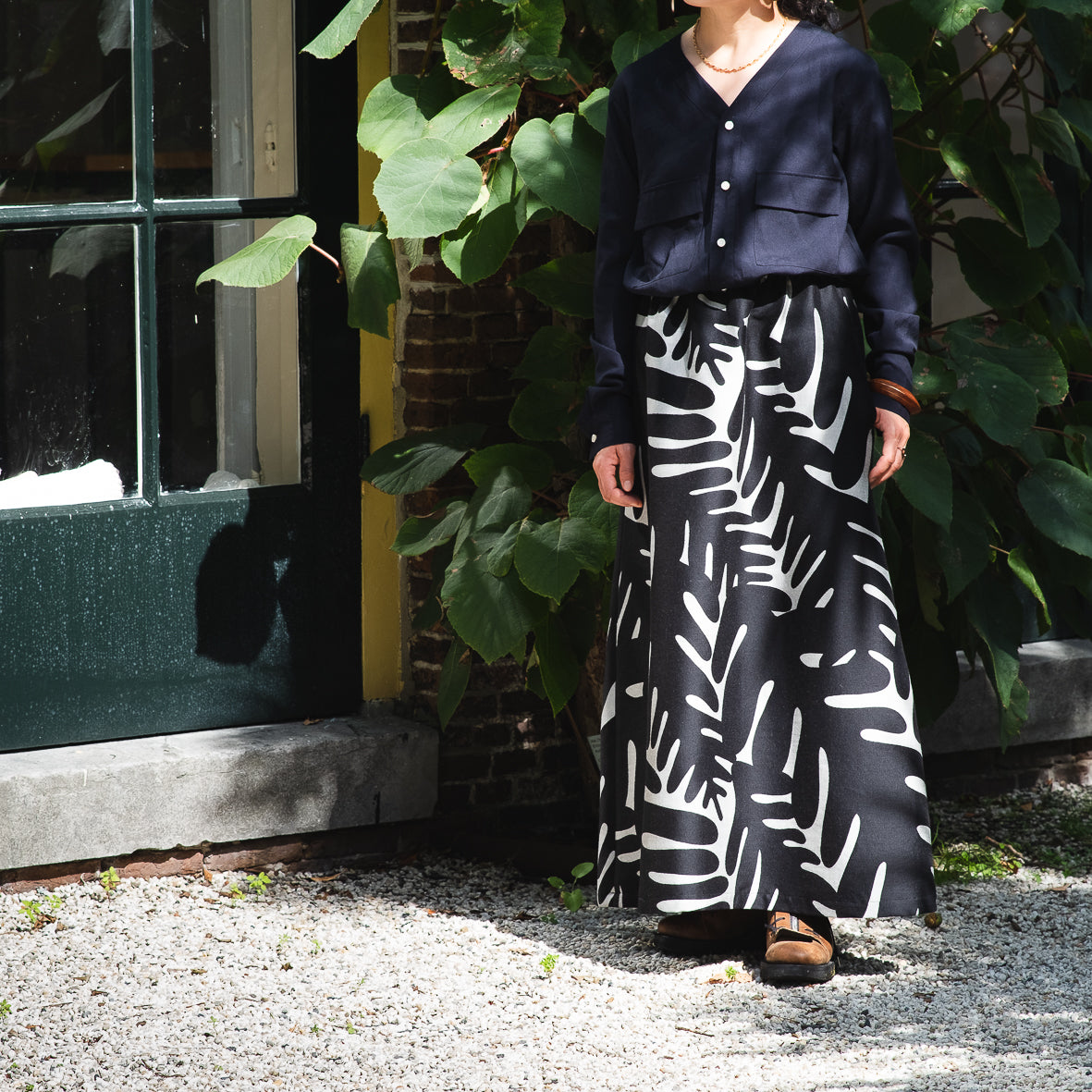 播州織 Wool/Cotton ジャガードロングスカート - black/light grey