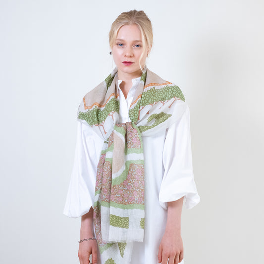 近江のリネン 'Peacock Garden' beige ロングストール