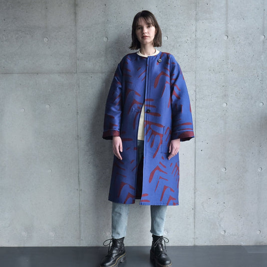 <受注生産:10月中~下予定>播州織  Wool/Cotton ジャガードコクーンコート blue/red brown