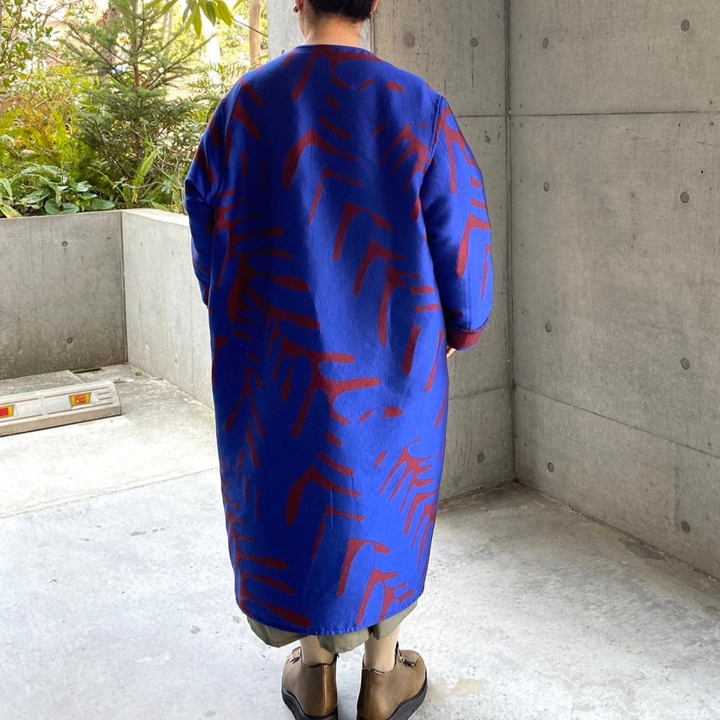 播州織 Japanese Wool/Cotton ジャガードコクーンコート blue/red brown