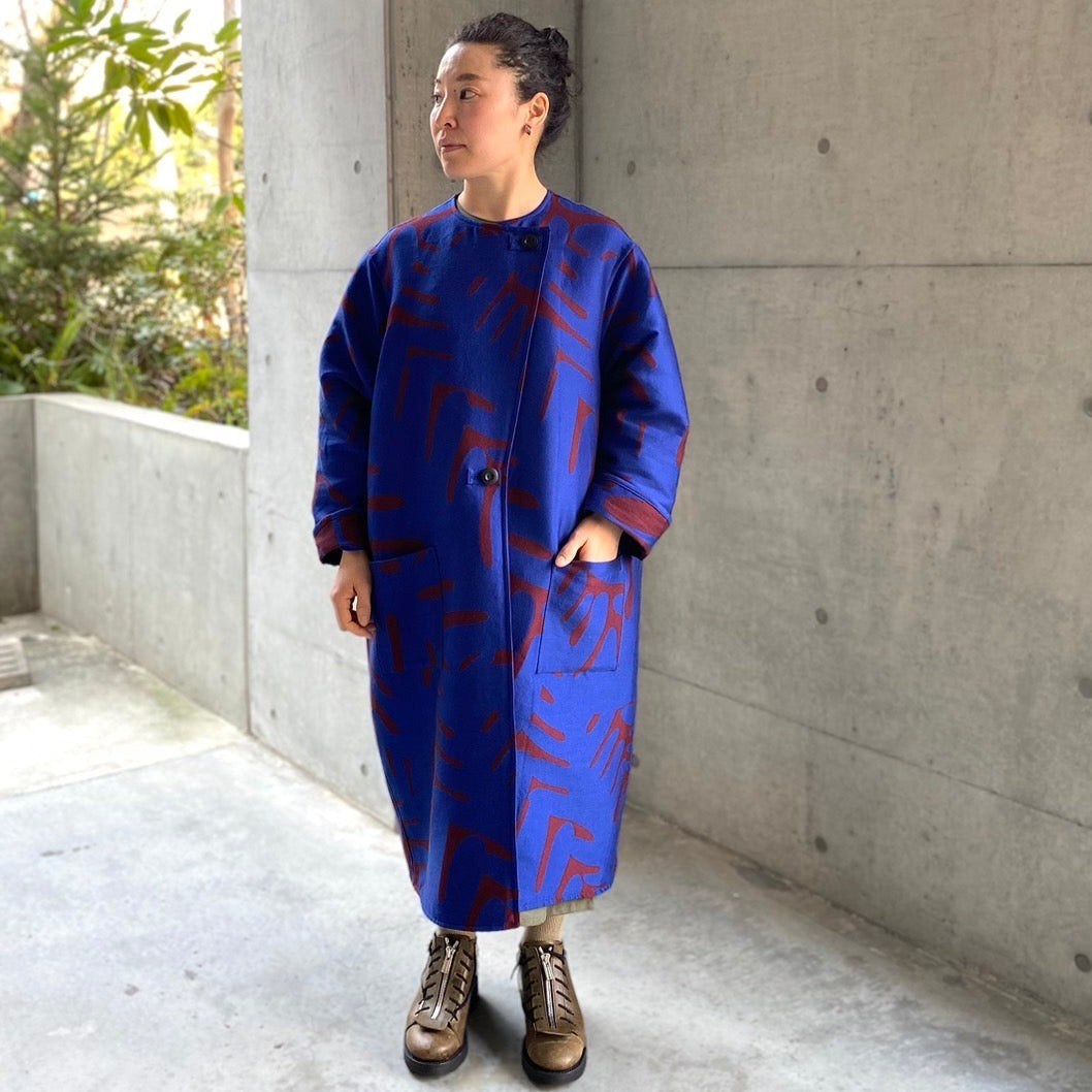 <受注生産:10月中~下予定>播州織  Wool/Cotton ジャガードコクーンコート blue/red brown