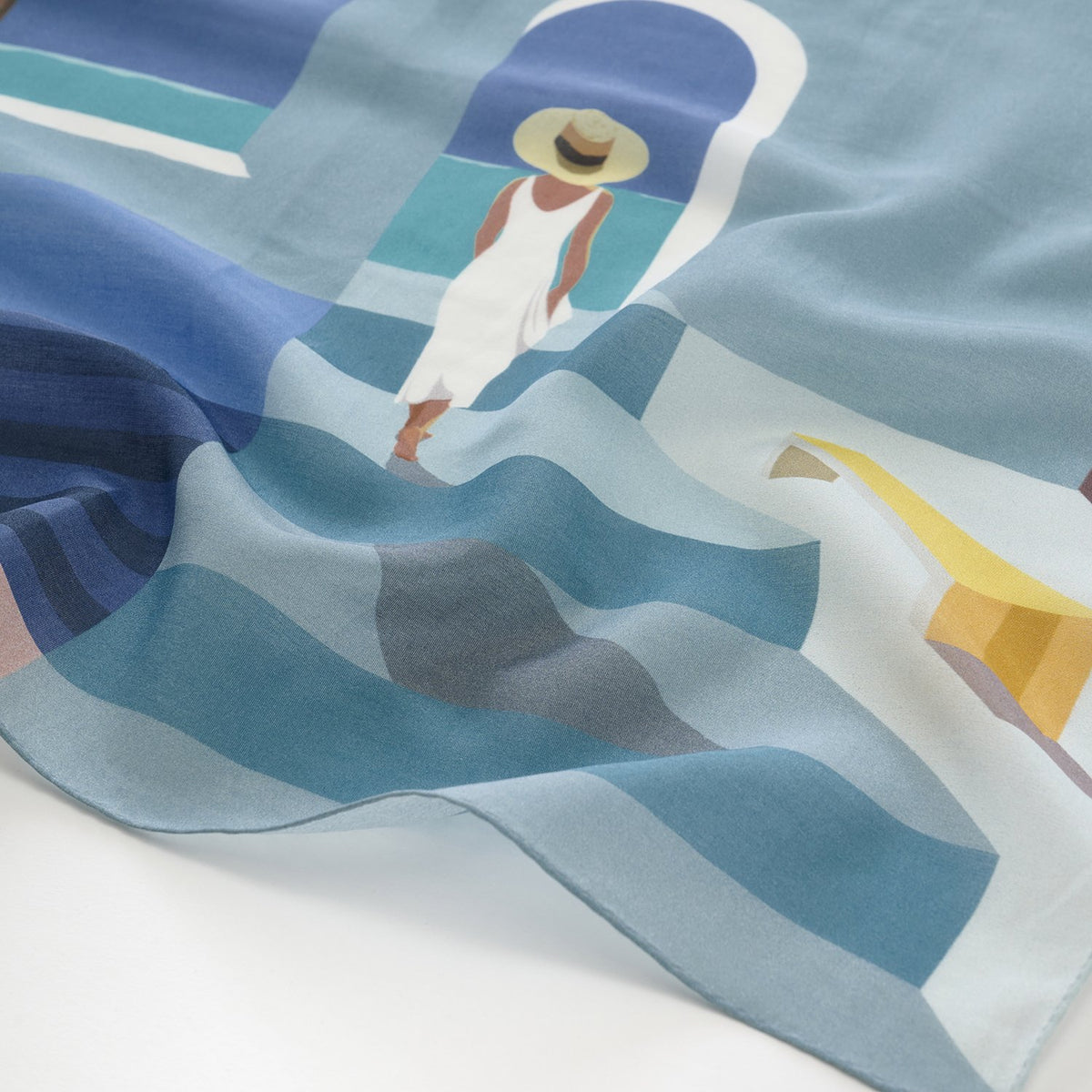 リング付き シルクコットンのミニスカーフ 'Apollo's Garden' blue