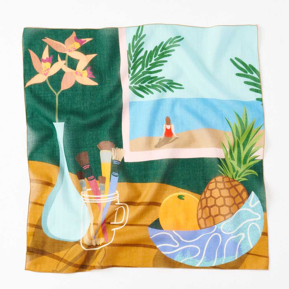 Japanese Printed Organic cotton 'California' green リング付きミニスカーフ